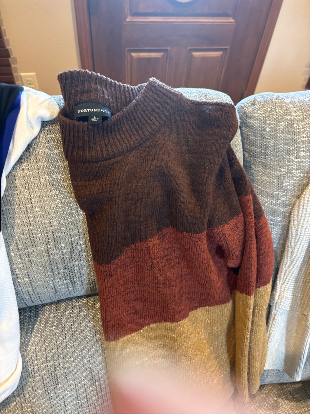 Fortune + Ivy Brown Colorblock Crewneck Sweater with Rust and Tan Panels